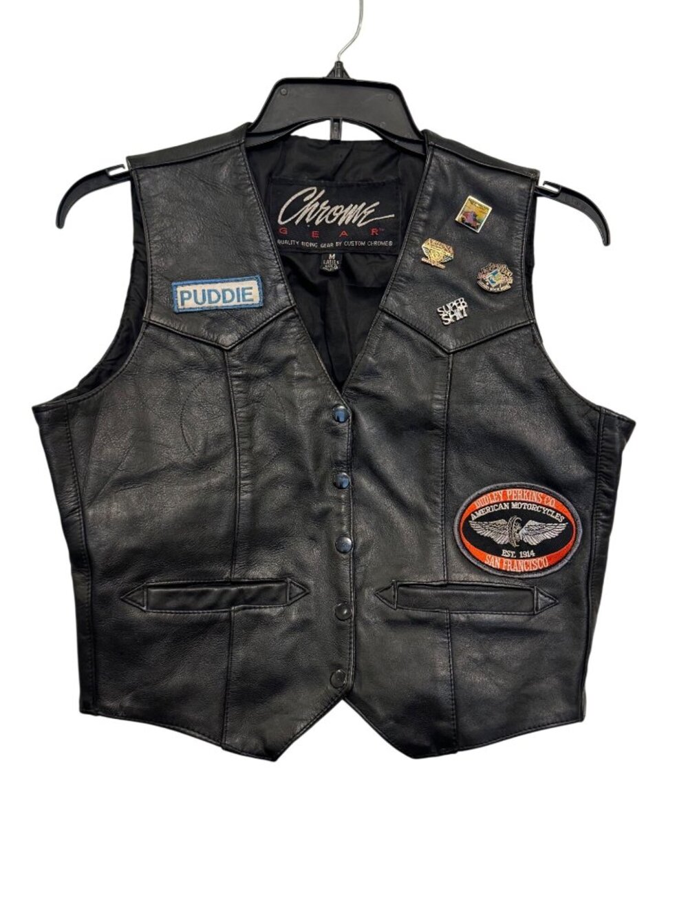 vintage Chrome Gear Ladies Black Leather Motorcycle Vest W/ Patches & Pins Size